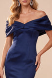 Off the Shoulder Dark Blue Mermaid Satin Ruched Long Formal Dress