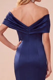Off the Shoulder Dark Blue Mermaid Satin Ruched Long Formal Dress