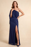 Dark Blue One Shoulder Sheath Long Formal Dress with Slit