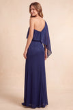 Dark Blue One Shoulder Sheath Long Formal Dress with Slit