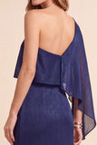 Dark Blue One Shoulder Sheath Long Formal Dress with Slit