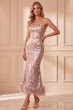 Vintage One Shoulder Mauve Mermaid Sequins Midi Formal Dress with Feathers