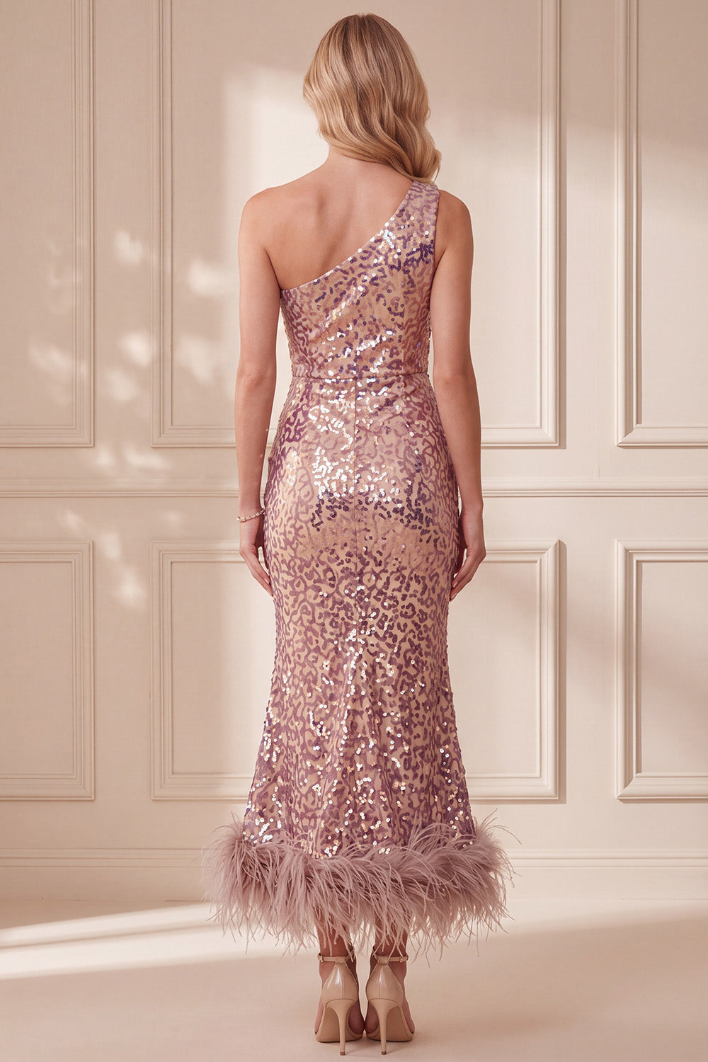 Vintage One Shoulder Mauve Mermaid Sequins Midi Formal Dress with Feathers