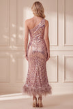 Vintage One Shoulder Mauve Mermaid Sequins Midi Formal Dress with Feathers
