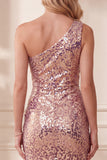 Vintage One Shoulder Mauve Mermaid Sequins Midi Formal Dress with Feathers