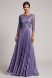 Purple A-Line Embroidery Bateau Neck Pleated Long Mother of the Bride Dress with Sequins