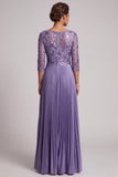 Purple A-Line Embroidery Bateau Neck Pleated Long Mother of the Bride Dress with Sequins