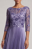 Purple A-Line Embroidery Bateau Neck Pleated Long Mother of the Bride Dress with Sequins
