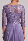 Purple A-Line Embroidery Bateau Neck Pleated Long Mother of the Bride Dress with Sequins