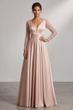 Blush A-Line V-Neck Pleated Sequins Maxi Mother of the Bride Dress with Long Sleeves