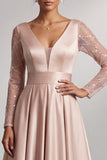 Blush A-Line V-Neck Pleated Sequins Maxi Mother of the Bride Dress with Long Sleeves