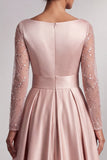 Blush A-Line V-Neck Pleated Sequins Maxi Mother of the Bride Dress with Long Sleeves