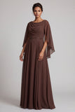 Coffee A-Line Cowl Chiffon Beaded Long Mother of the Bride Dress