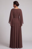 Coffee A-Line Cowl Chiffon Beaded Long Mother of the Bride Dress