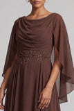 Coffee A-Line Cowl Chiffon Beaded Long Mother of the Bride Dress