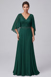 Dark Green A-Line V-Neck Flutter Sleeves Lace Long Mother of the Bride Dress with Beading