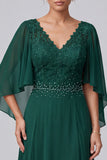 Dark Green A-Line V-Neck Flutter Sleeves Lace Long Mother of the Bride Dress with Beading