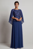 Navy A-Line Bateau Neck Chiffon Printed Long Mother of the Bride Dress with Flutter Sleeves