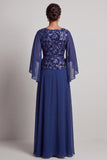 Navy A-Line Bateau Neck Chiffon Printed Long Mother of the Bride Dress with Flutter Sleeves
