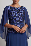 Navy A-Line Bateau Neck Chiffon Printed Long Mother of the Bride Dress with Flutter Sleeves