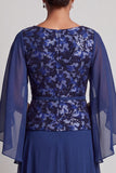 Navy A-Line Bateau Neck Chiffon Printed Long Mother of the Bride Dress with Flutter Sleeves