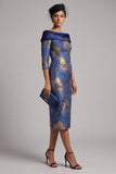 Off the Shoulder Royal Blue Sheath Printed Midi Mother of the Bride Dress with 3/4 Sleeves
