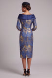 Off the Shoulder Royal Blue Sheath Printed Midi Mother of the Bride Dress with 3/4 Sleeves
