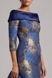 Off the Shoulder Royal Blue Sheath Printed Midi Mother of the Bride Dress with 3/4 Sleeves