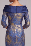 Off the Shoulder Royal Blue Sheath Printed Midi Mother of the Bride Dress with 3/4 Sleeves