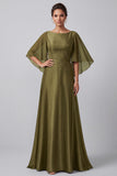 Olive A-Line Bateau Neck Satin Beaded Long Mother of the Bride Dress with Flutter Sleeves