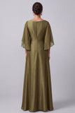 Olive A-Line Bateau Neck Satin Beaded Long Mother of the Bride Dress with Flutter Sleeves