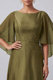 Olive A-Line Bateau Neck Satin Beaded Long Mother of the Bride Dress with Flutter Sleeves