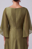 Olive A-Line Bateau Neck Satin Beaded Long Mother of the Bride Dress with Flutter Sleeves