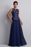 Navy A-Line Chiffon Printed Bateau Neck Long Mother of the Bride Dress