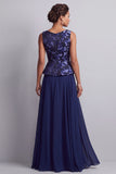 Navy A-Line Chiffon Printed Bateau Neck Long Mother of the Bride Dress