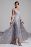 Light Grey V-Neck Sheath Ruched Chiffon Midi Mother of the Bride Dress with Sequins