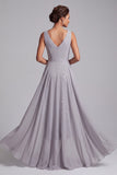 Light Grey V-Neck Sheath Ruched Chiffon Midi Mother of the Bride Dress with Sequins