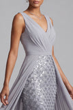 Light Grey V-Neck Sheath Ruched Chiffon Midi Mother of the Bride Dress with Sequins