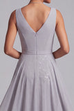 Light Grey V-Neck Sheath Ruched Chiffon Midi Mother of the Bride Dress with Sequins