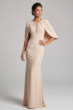 Mermaid Champagne Round Neck Cape Long Mother of the Bride Dress with Beading