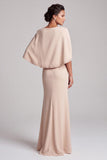 Mermaid Champagne Round Neck Cape Long Mother of the Bride Dress with Beading