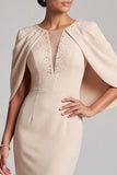 Mermaid Champagne Round Neck Cape Long Mother of the Bride Dress with Beading