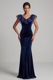 Dark Blue Mermaid Velvet V-Neck Ruffled Long Mother of the Bride Dress