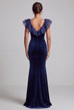 Dark Blue Mermaid Velvet V-Neck Ruffled Long Mother of the Bride Dress