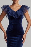 Dark Blue Mermaid Velvet V-Neck Ruffled Long Mother of the Bride Dress