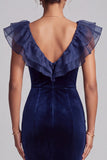 Dark Blue Mermaid Velvet V-Neck Ruffled Long Mother of the Bride Dress