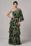 Dusty Sage A-Line One Shoulder Velvet Tiered Long Mother of the Bride Dress