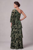 Dusty Sage A-Line One Shoulder Velvet Tiered Long Mother of the Bride Dress