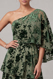 Dusty Sage A-Line One Shoulder Velvet Tiered Long Mother of the Bride Dress