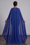 Dark Blue Sheath Chiffon High Neck Beaded Cape Maxi Mother of the Bride Dress